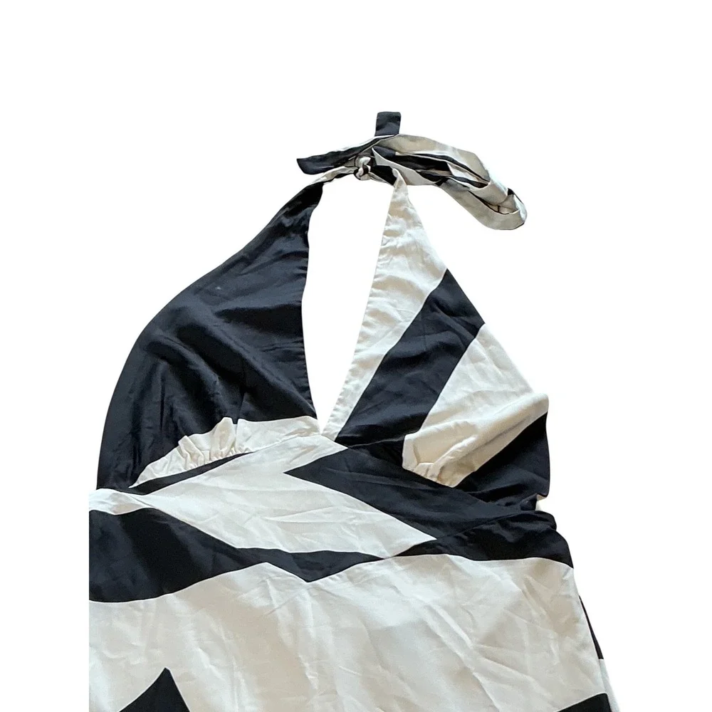Bardot Black White Abstract Halter Maxi Dress Plunging V-Neck Open Back Size 12